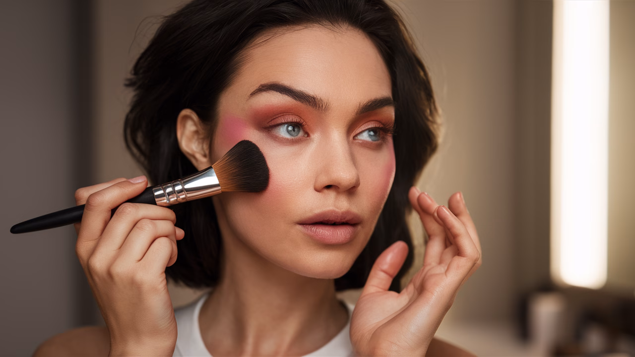 Blending blush for seamless finish Using clean brush to blend blush
