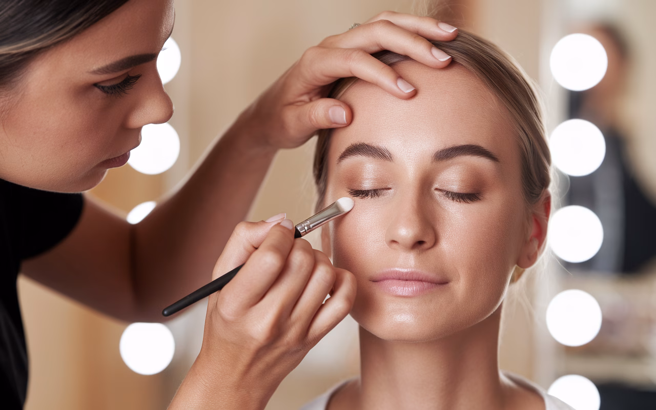 Concealer application for perfection Makeup artist applying concealer to a models face, close up on the eye area