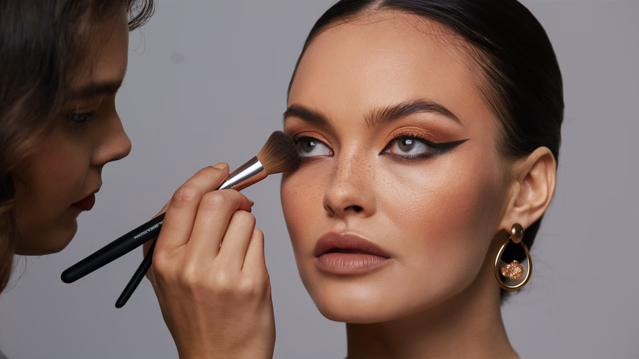 Applying Pigment to Eyelid Carefully holding eyeshadow brush close to lid