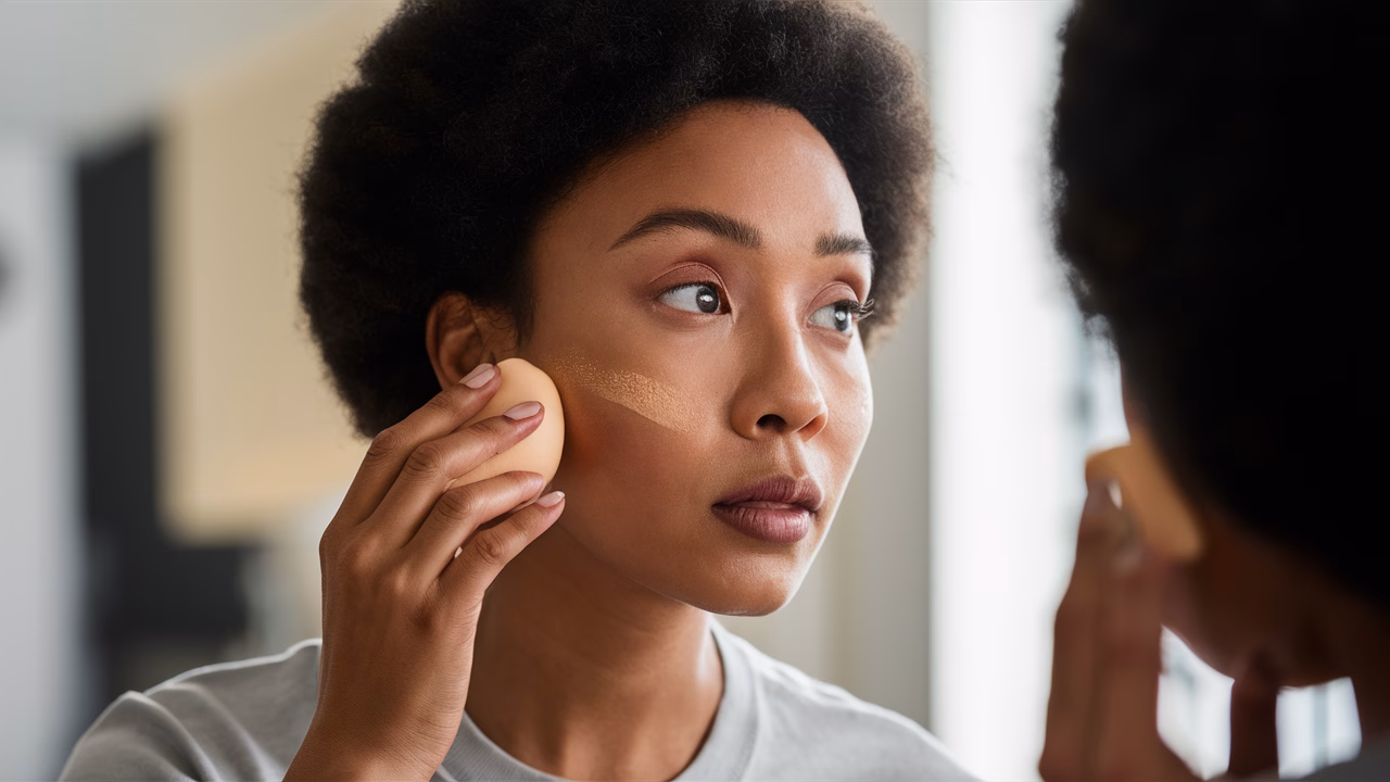 Woman applying liquid foundation