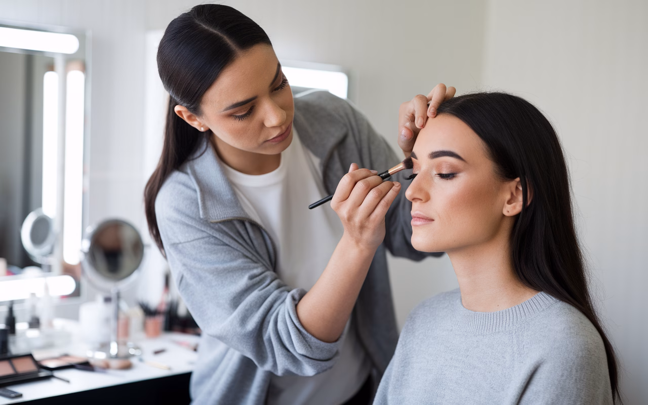 Applying subtle pink monochromatic eye makeup Monochromatic makeup artist applying subtle pink eyeshadow