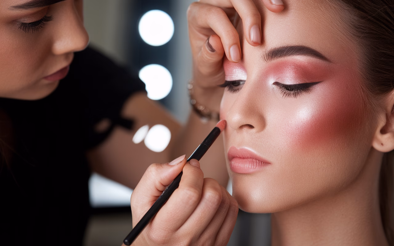 Finishing a flawless monochromatic makeup application Makeup artist applies final touches to monochromatic makeup look