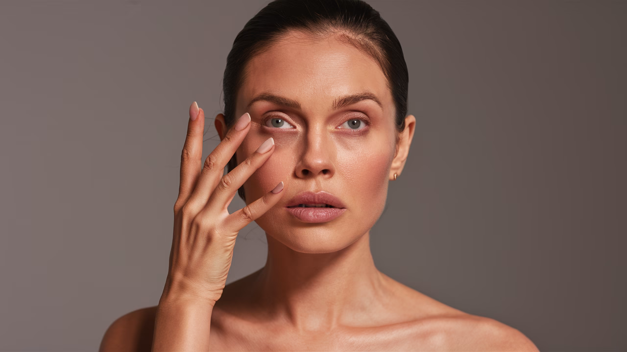 Natural base makeup on hooded eyes